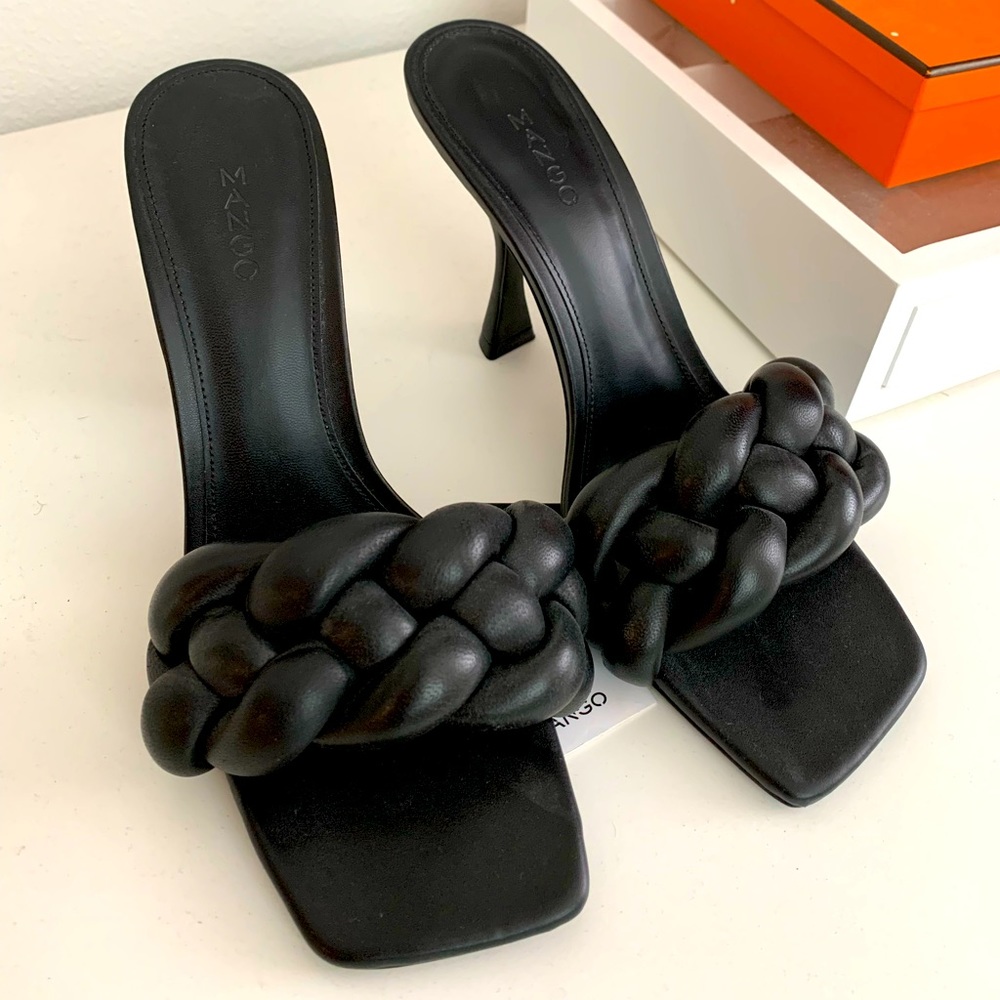 Mango Braided black leather heeled sandals